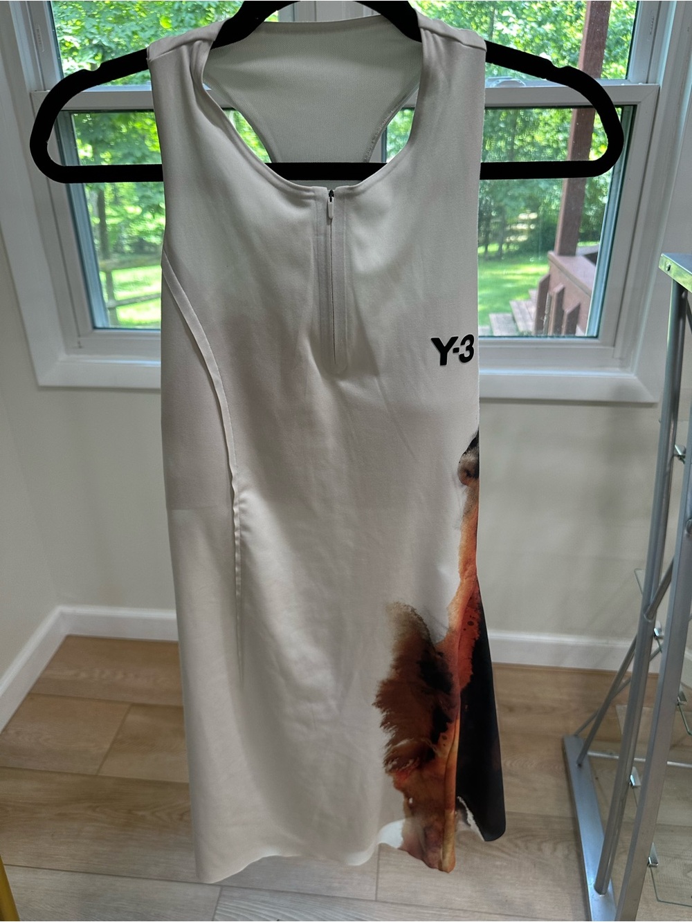Y-3 White Dress with Tan and Black Abstract Side Print